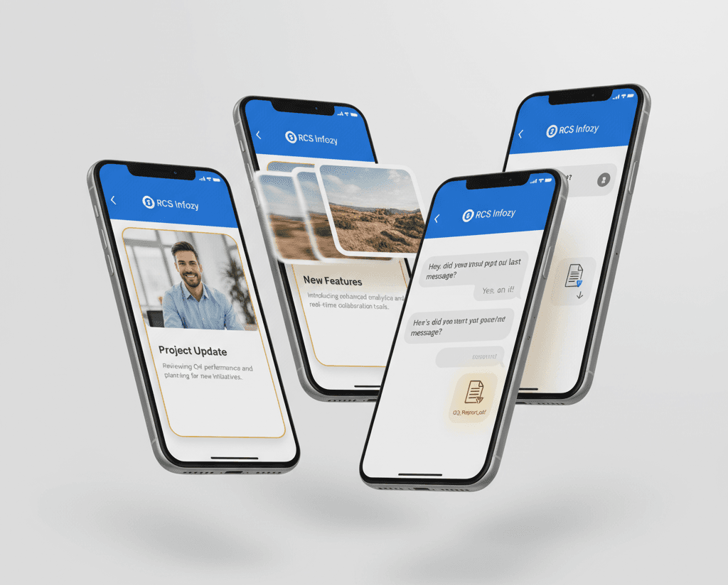 Phone mockup showing RCS card carousel